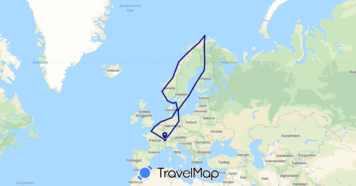 TravelMap itinerary: driving in Switzerland, Germany, Denmark, Finland, France, Netherlands, Norway, Sweden (Europe)